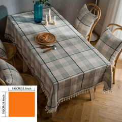 Gray Plaid Striped Tablecloth with Broom Lace Embroidered Tassel
