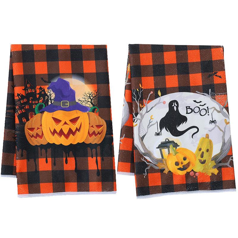 2pcs Halloween Hand Towels Orange Plaid Design Microfiber Pumpkin Dish Towels