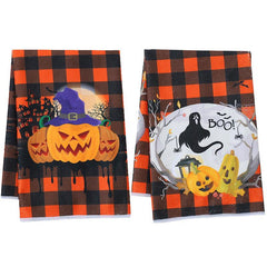2pcs Halloween Hand Towels Orange Plaid Design Microfiber Pumpkin Dish Towels