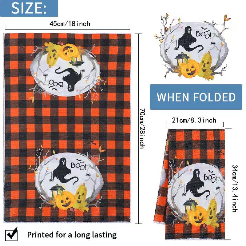 2pcs Halloween Hand Towels Orange Plaid Design Microfiber Pumpkin Dish Towels