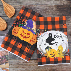 2pcs Halloween Hand Towels Orange Plaid Design Microfiber Pumpkin Dish Towels