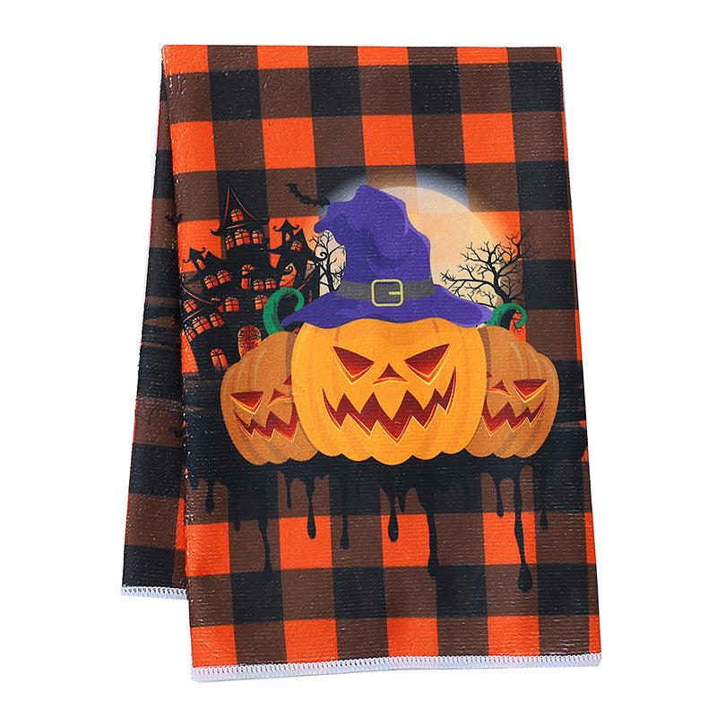2pcs Halloween Hand Towels Orange Plaid Design Microfiber Pumpkin Dish Towels