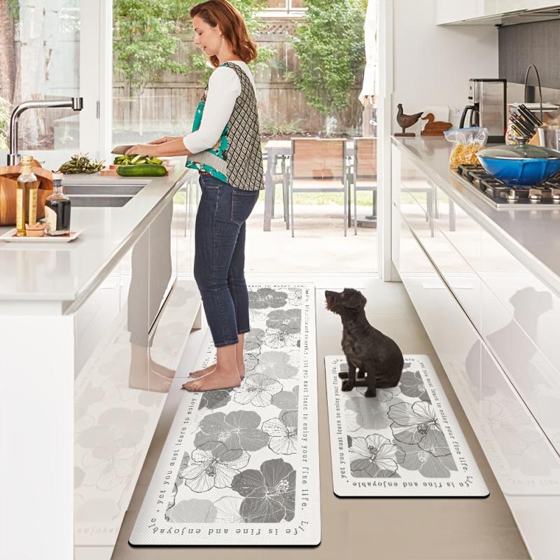 Comfortable Floral Leather Kitchen Rug Non Slip Waterproof