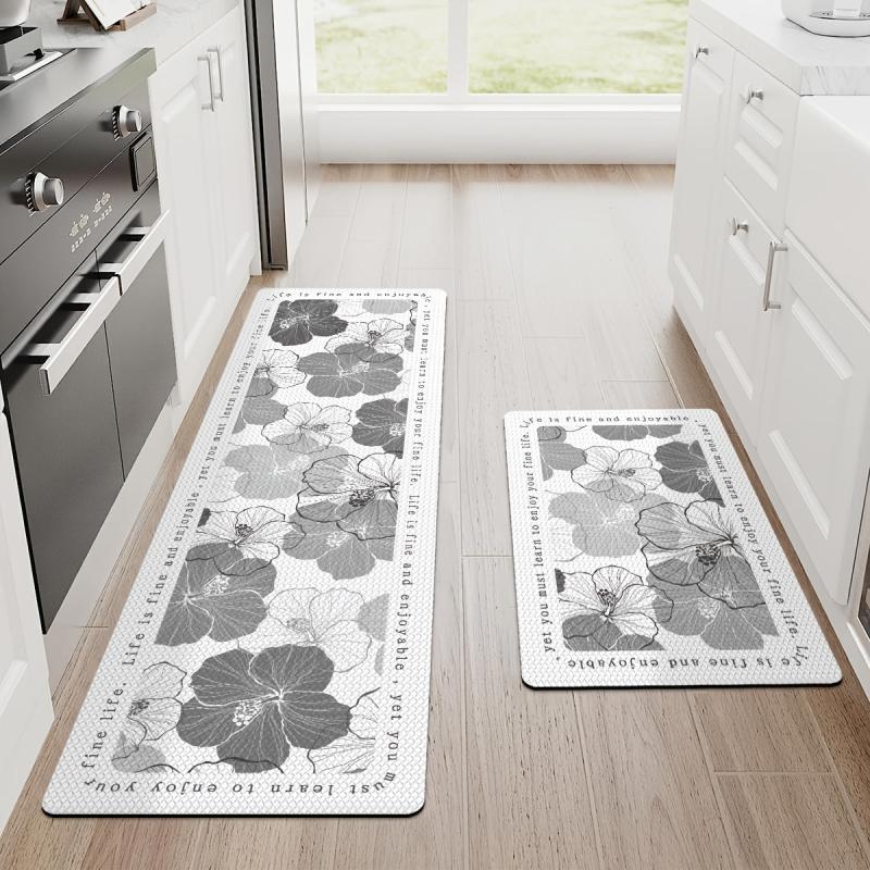 Comfortable Floral Leather Kitchen Rug Non Slip Waterproof
