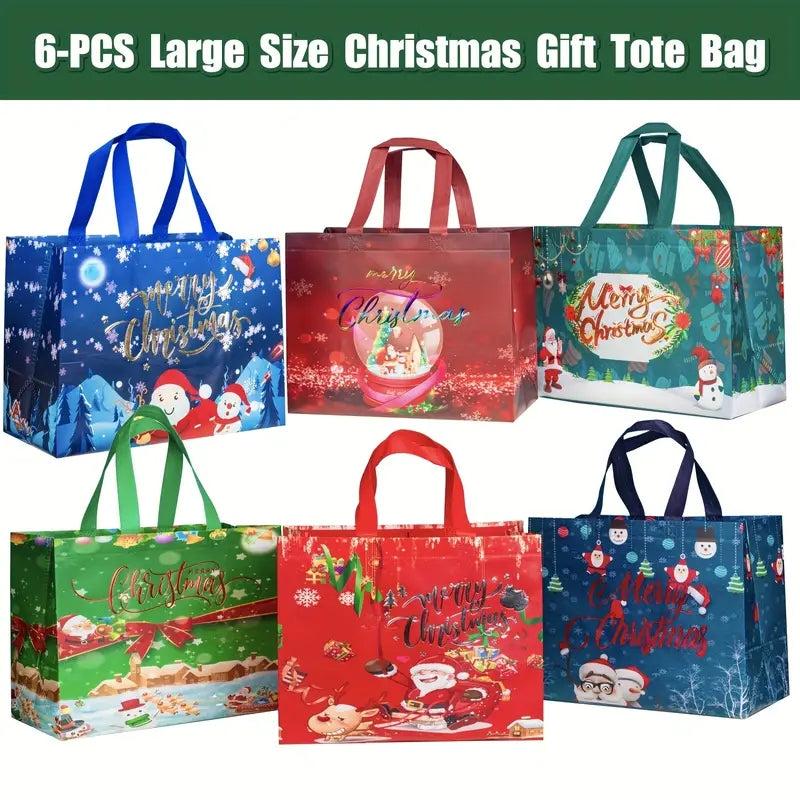 6pcs Christmas Gift Bags Reusable Handles Grocery Bags