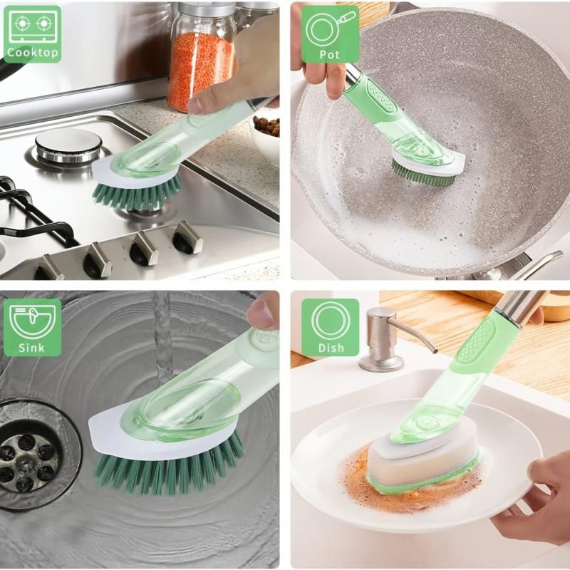 Soap Dispensing Dish Brush Set with 4 Replacement Heads & Holder