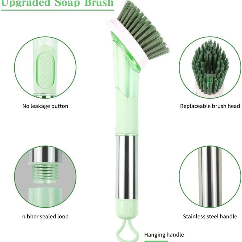 Soap Dispensing Dish Brush Set with 4 Replacement Heads & Holder