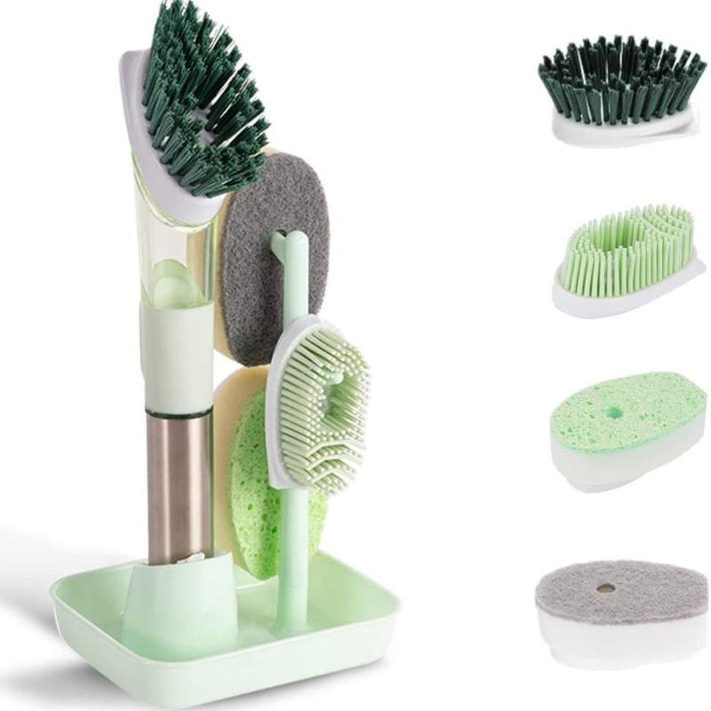 Soap Dispensing Dish Brush Set with 4 Replacement Heads & Holder