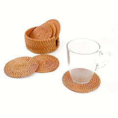 Rattan Coasters Set with Holder & Table Mat Caddy