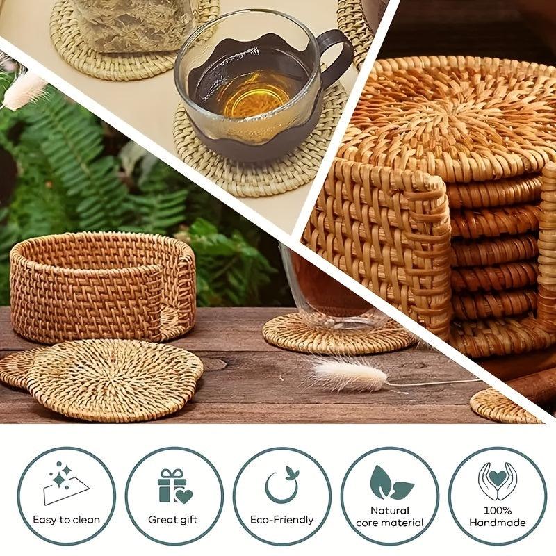 Rattan Coasters Set with Holder & Table Mat Caddy