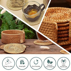 Rattan Coasters Set with Holder & Table Mat Caddy