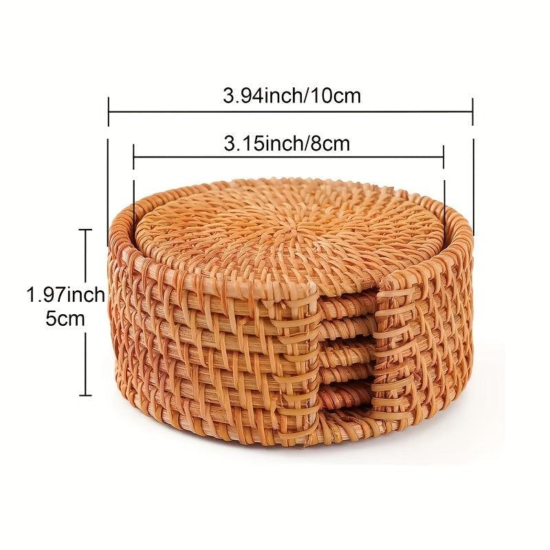 Rattan Coasters Set with Holder & Table Mat Caddy