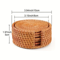 Rattan Coasters Set with Holder & Table Mat Caddy