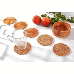 Rattan Coasters Set with Holder & Table Mat Caddy