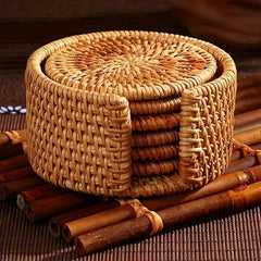 Rattan Coasters Set with Holder & Table Mat Caddy