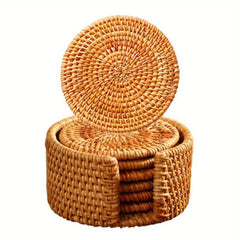 Rattan Coasters Set with Holder & Table Mat Caddy
