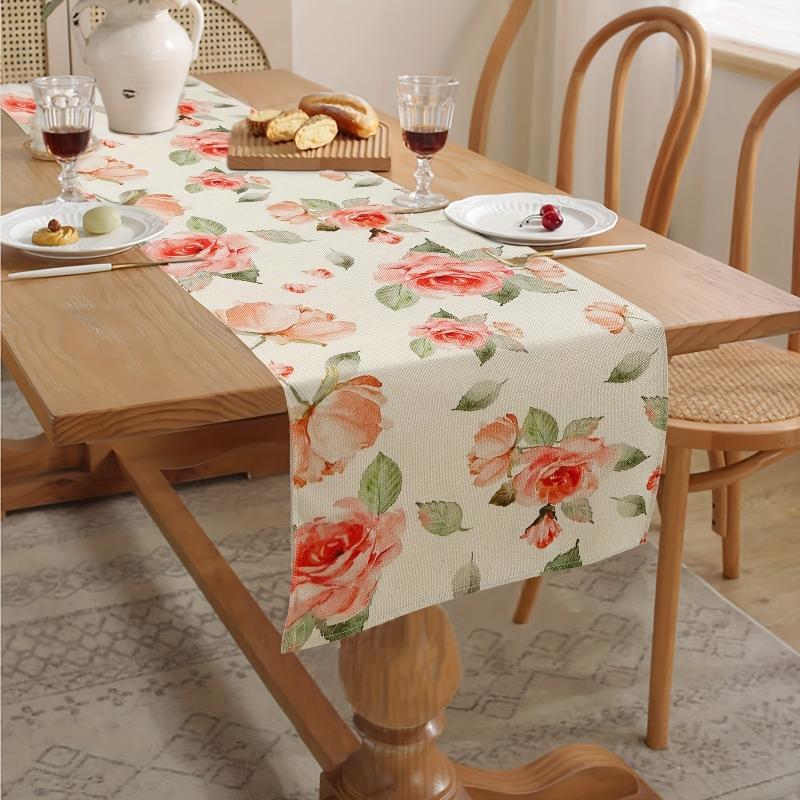 Polyester Table Runner Pink Rose Long Kitchen Dining Table Runner Spring