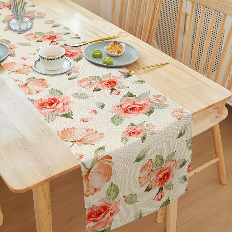 Polyester Table Runner Pink Rose Long Kitchen Dining Table Runner Spring