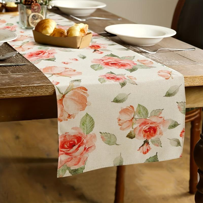 Polyester Table Runner Pink Rose Long Kitchen Dining Table Runner Spring