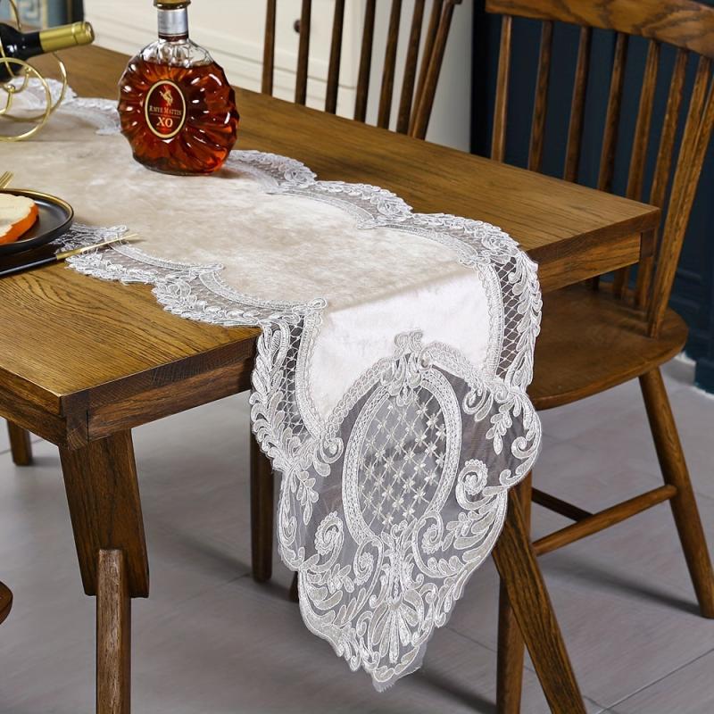 Velvet Embroidery Lace Table Runner Wedding Banquet Autumn Fall Decor