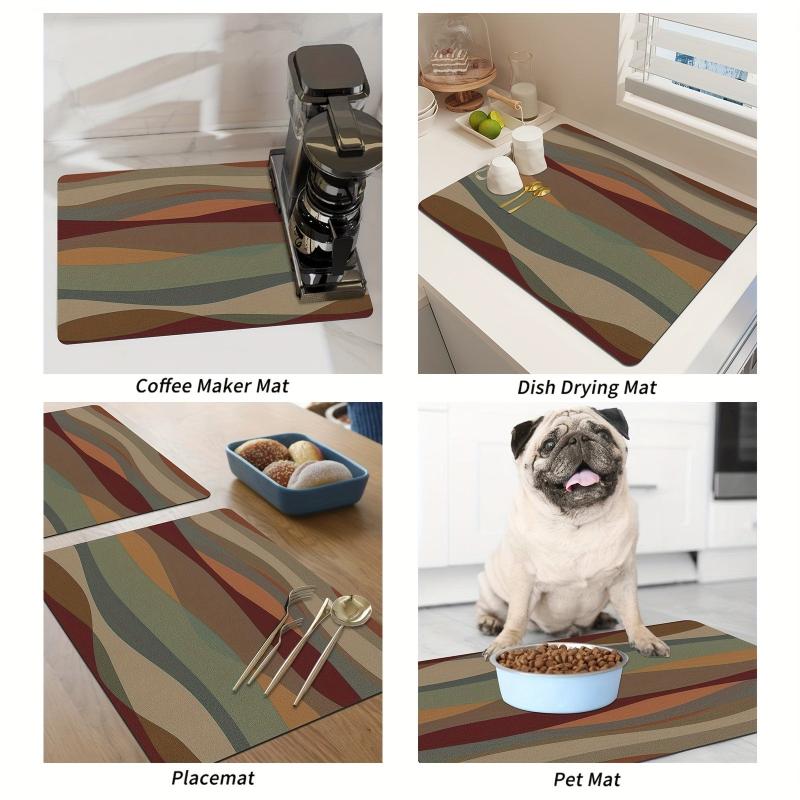 Striped Printed Dish Drying Mat Soft Draining Pad Non Slip Absorbent
