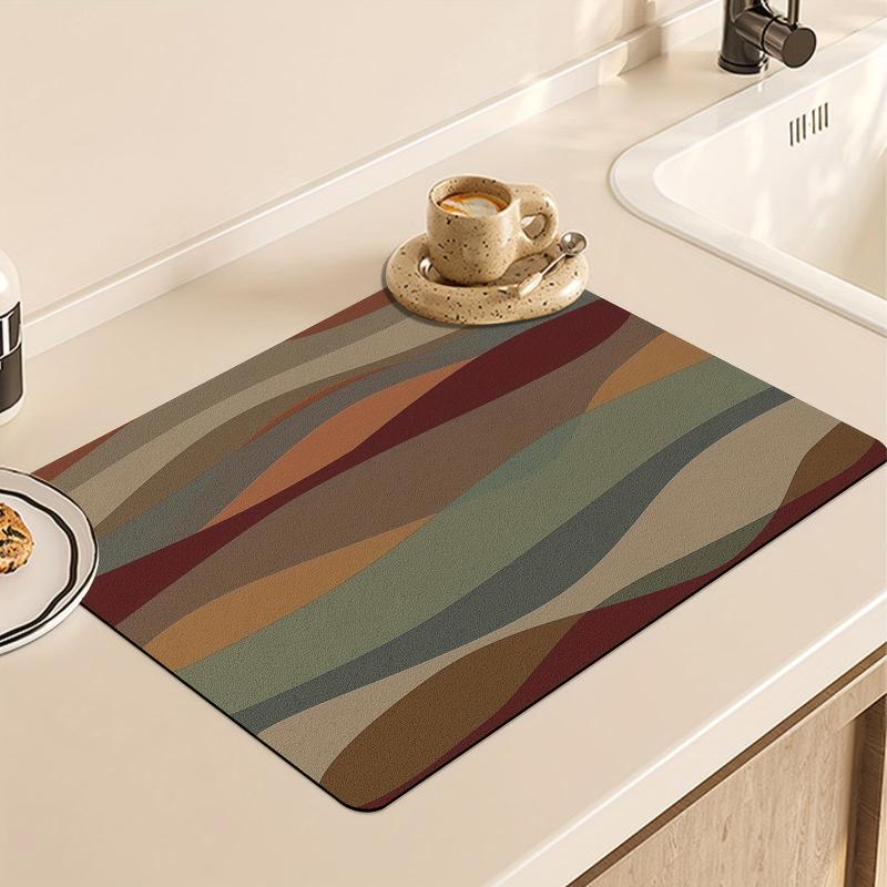 Striped Printed Dish Drying Mat Soft Draining Pad Non Slip Absorbent