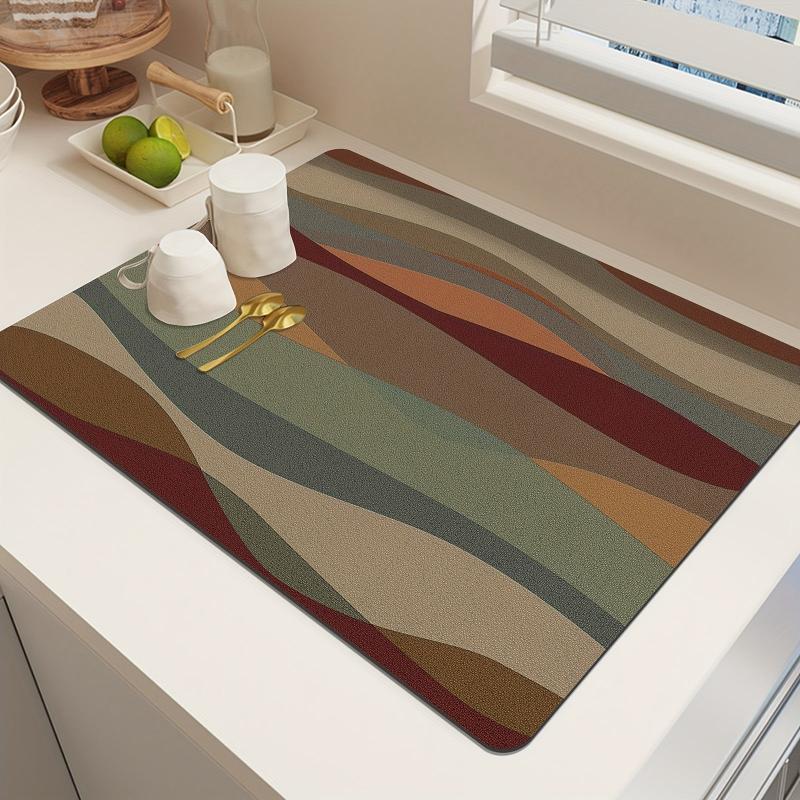 Striped Printed Dish Drying Mat Soft Draining Pad Non Slip Absorbent