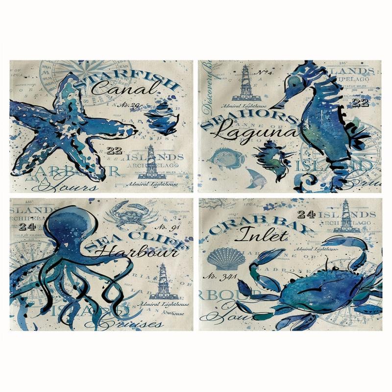 4pcs Ocean Style Linen Placemat, Kitchen Decor