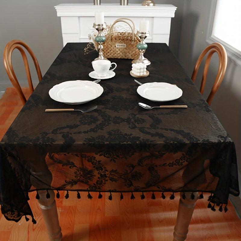 Lace Embroidered Tablecloth with Tassel Vine Flower Pattern