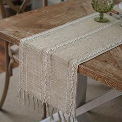 Polyester Table Runner Khaki Geometric Style with Tassel