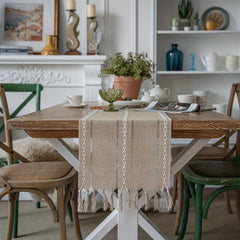 Polyester Table Runner Khaki Geometric Style with Tassel
