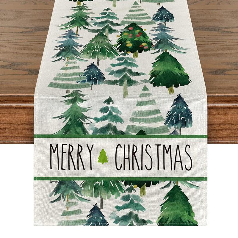 Polyester Watercolor Green Trees Merry Christmas Table Runner