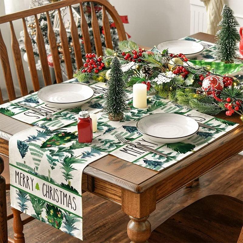 Polyester Watercolor Green Trees Merry Christmas Table Runner