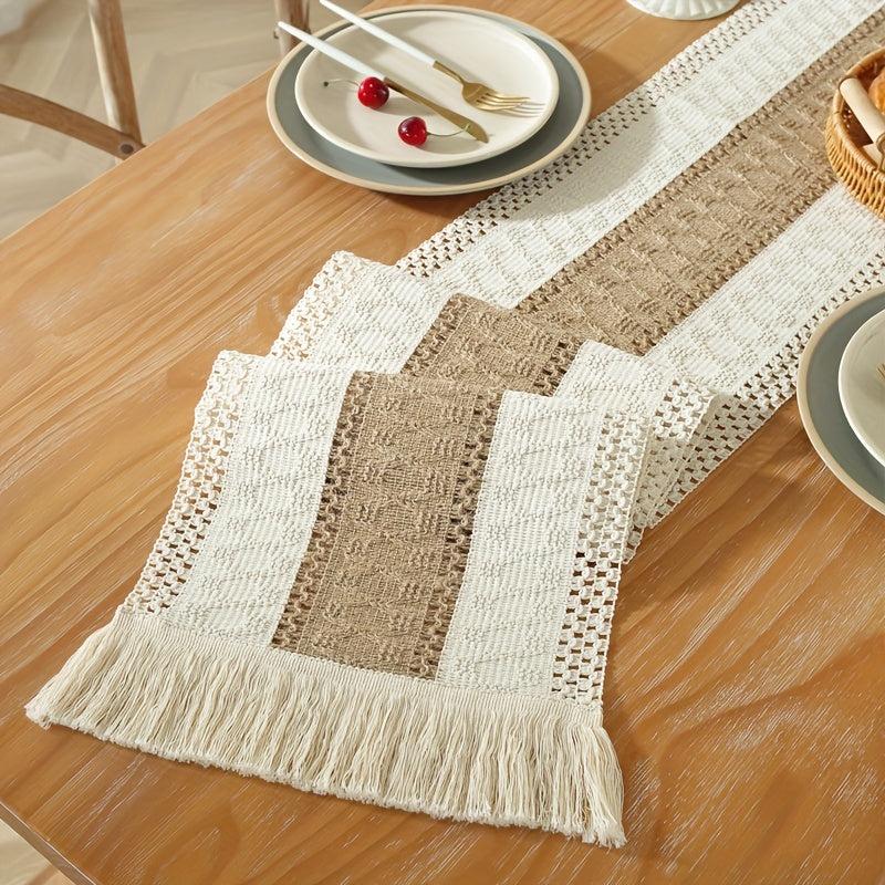 Bohemian Macrame Crochet Table Runner with Tassels Farmhouse Style