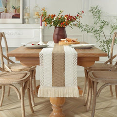 Bohemian Macrame Crochet Table Runner with Tassels Farmhouse Style