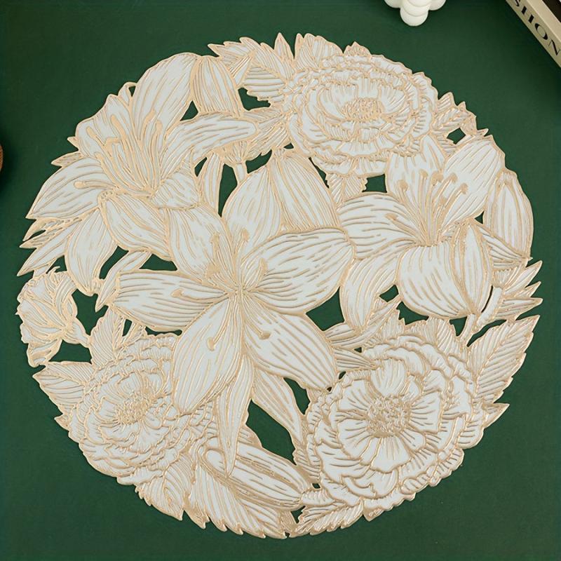 6pcs Round Plastic Table Mat Lily Bronzing Placemat Pvc Heat Insulation