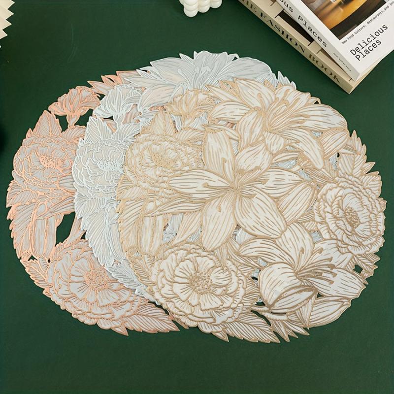 6pcs Round Plastic Table Mat Lily Bronzing Placemat Pvc Heat Insulation