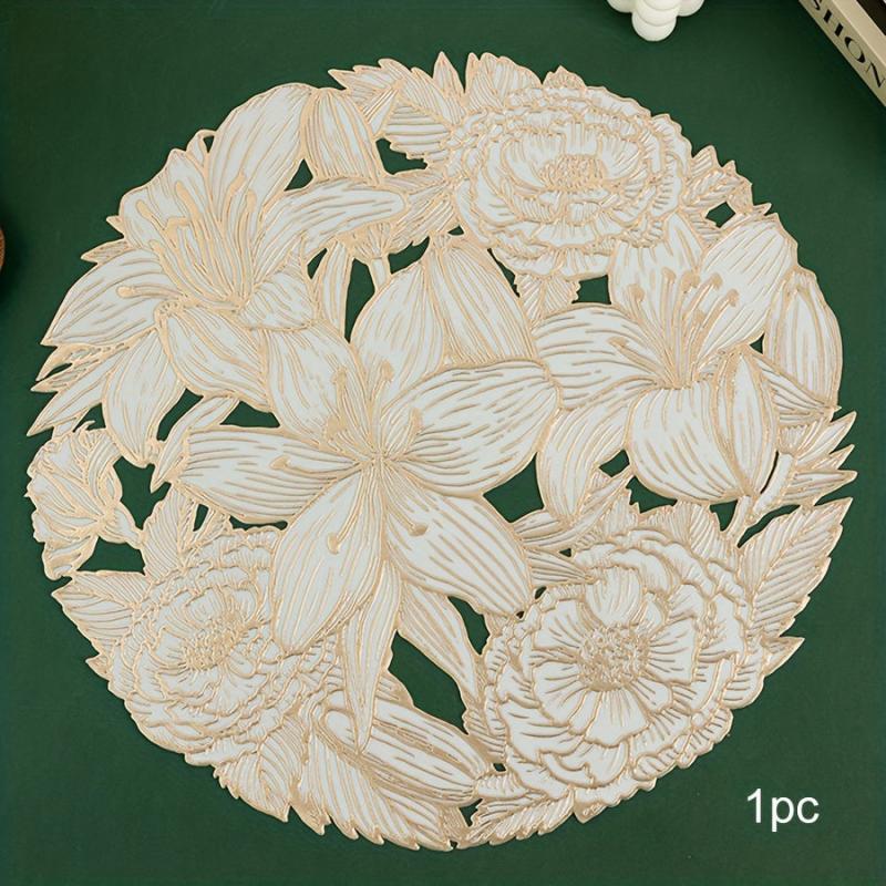 6pcs Round Plastic Table Mat Lily Bronzing Placemat Pvc Heat Insulation