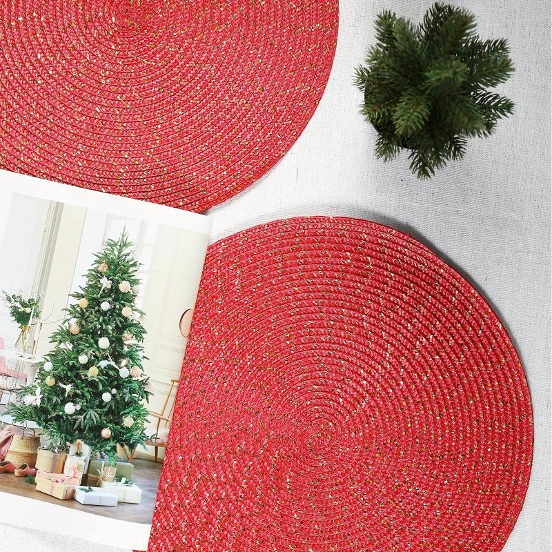 6pcs Round Red Placemats Christmas Table Decoration Mats