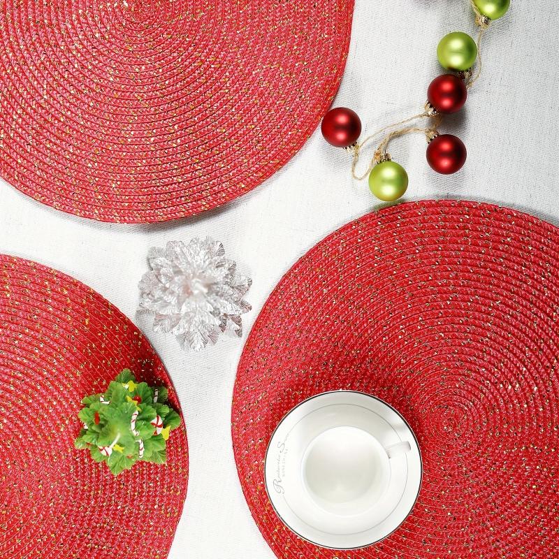 6pcs Round Red Placemats Christmas Table Decoration Mats