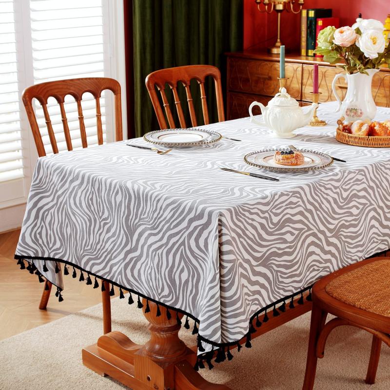 Gray Irregular Wave Stripe Waterproof Round Tablecloth