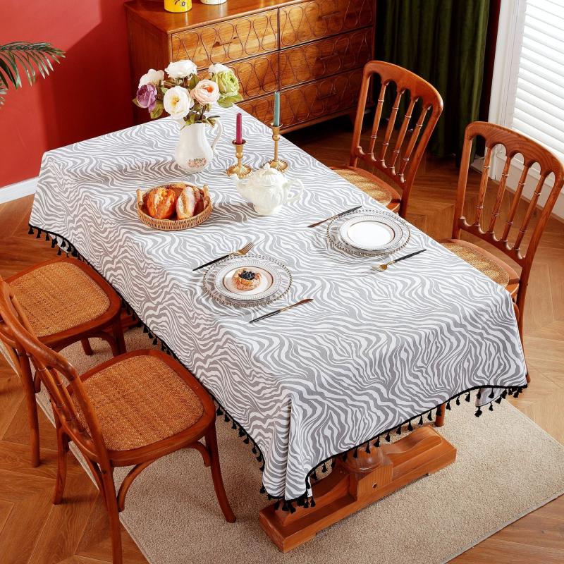 Gray Irregular Wave Stripe Waterproof Round Tablecloth