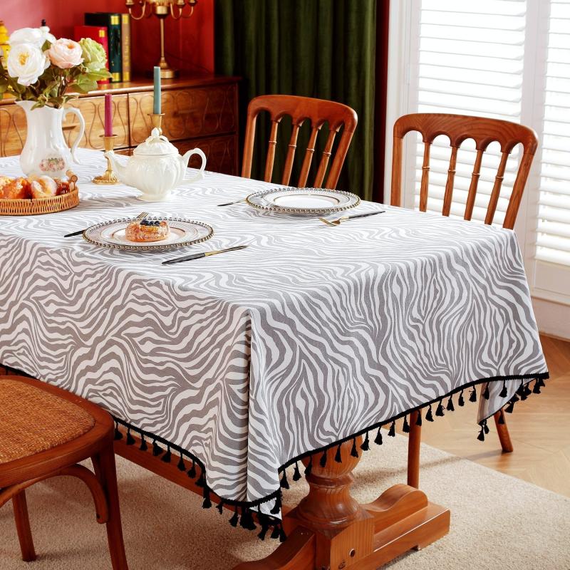 Gray Irregular Wave Stripe Waterproof Round Tablecloth
