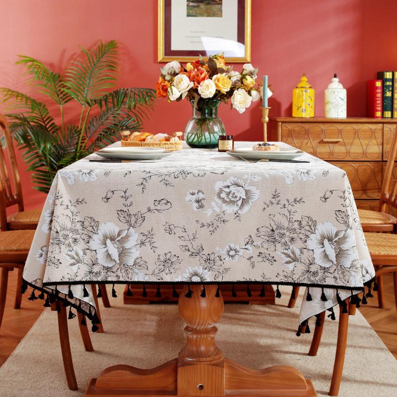 Vintage Peony Flower Tablecloth Tassel Retro Stain Resistant
