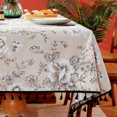 Vintage Peony Flower Tablecloth Tassel Retro Stain Resistant