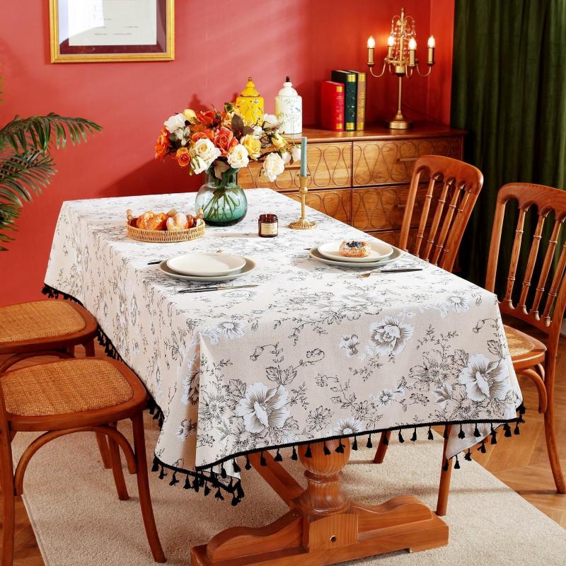 Vintage Peony Flower Tablecloth Tassel Retro Stain Resistant