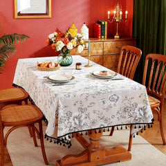 Vintage Peony Flower Tablecloth Tassel Retro Stain Resistant