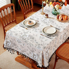 Vintage Peony Flower Tablecloth Tassel Retro Stain Resistant