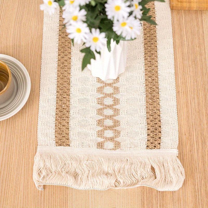 Boho Linen Jacquard Table Runner with Tassel Vintage Long Dresser Scarf