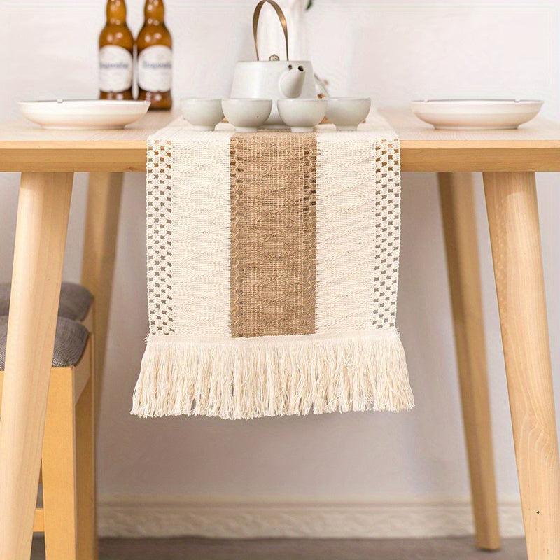 Boho Linen Jacquard Table Runner with Tassel Vintage Long Dresser Scarf